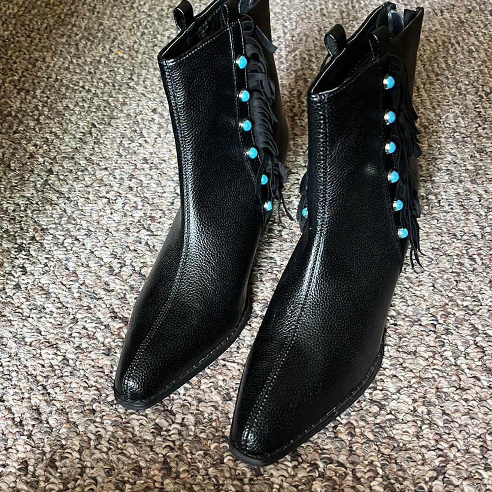 Crazy Train Black Ankle Boots with Turquoise Studs